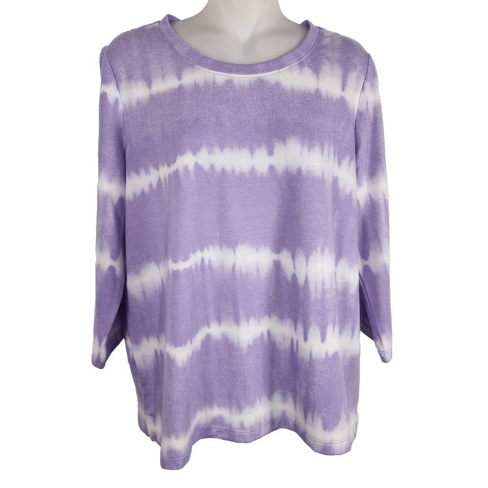 Denim & Co. Petite Soft Blend Tie Dye Stripe Printed Top Lilac Purple Size SP